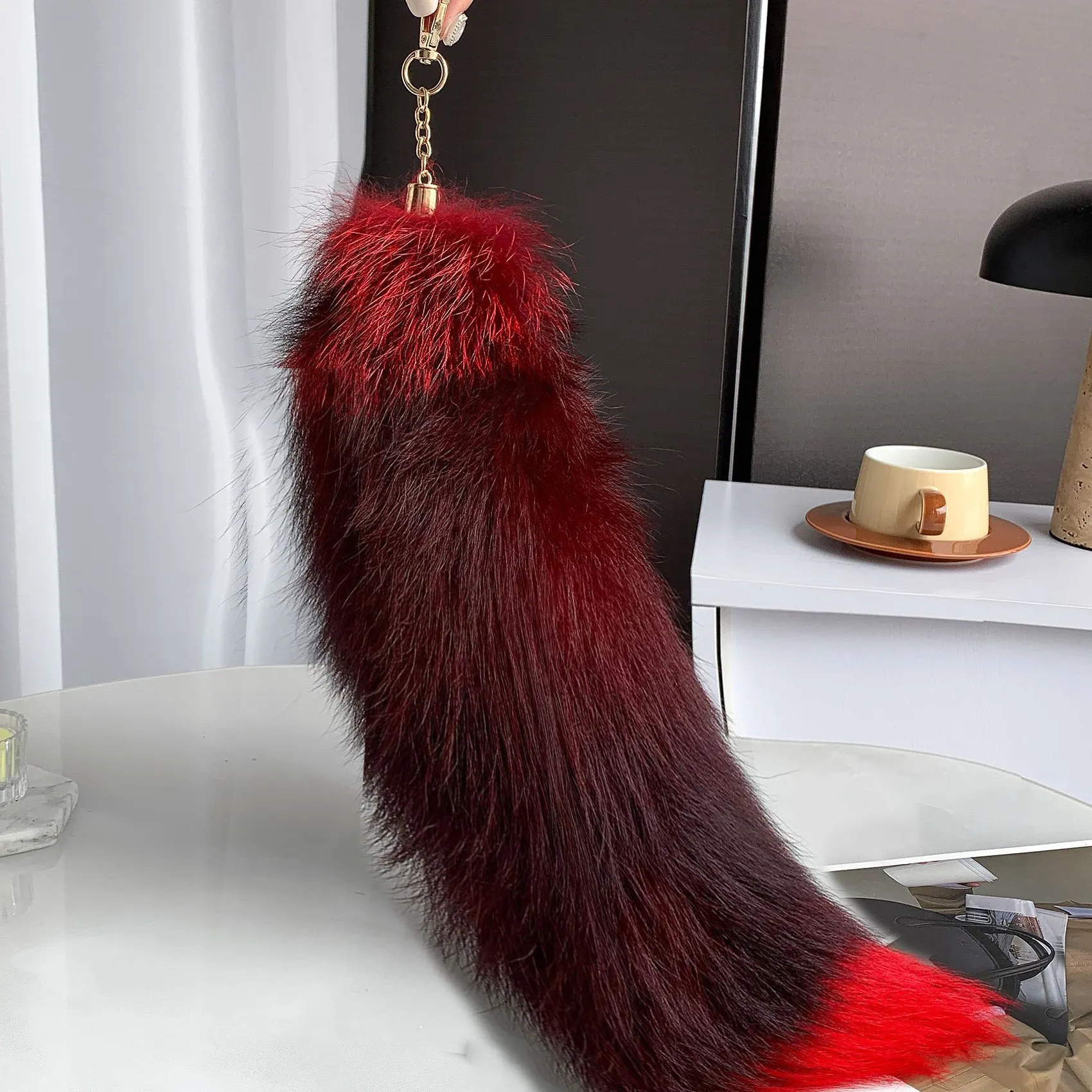 Authentic Fox Tail Keychain Plush Furry Raccoon Tail Keychain Women Bag Charm Pendant Colorful Fluffy Animal Key Ring