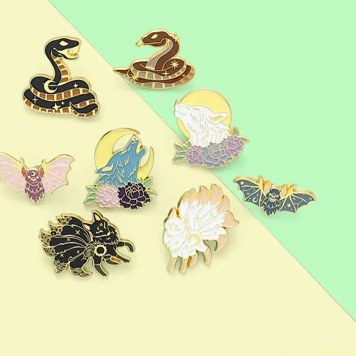 Authentic 8 Styles Couple Animals Enamel Pin Nine Tailed Fox Snake Wolf Bat with Moon Lapel Badges Magical Wild Animal Jewelry