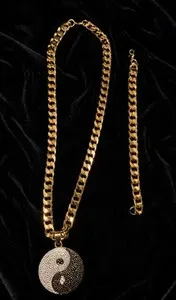 Authentic 24K Gold Plated Cuban Link Chain & Bracelet Set w/ Yin Yang CZ Pendant