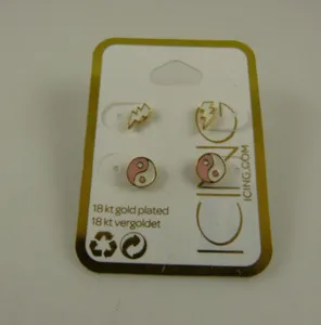 Authentic 2 pair ying yang 18 kt gold plated lighting bolt post studs earrings