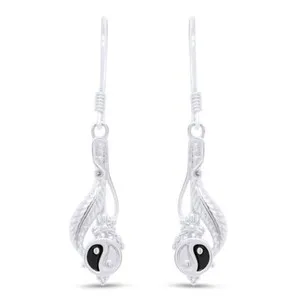 Authentic Y Yang Style Dangle Earrings 14K White Gold Plated Sterlg
