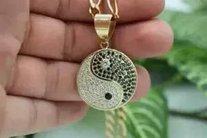 Authentic 2Ct Round Simulated WhiteBlack Diamond Ying Yang Pendant 14k Yellow Gold Plated