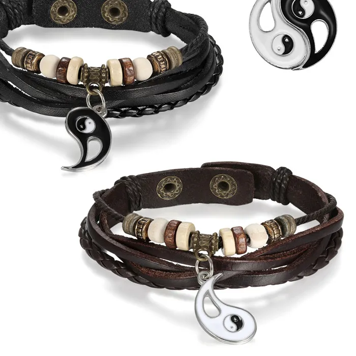 Authentic BONISKISS 2Pcs / lot Hot Lovers Bracelets Charm Ying yang Love Leather Bracelet Punk Cheap Couple Jewelry For Men and Women