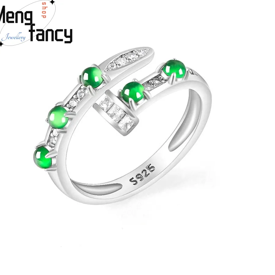Authentic High-grade Natural A-goods Jadeite Yang Green Ring Ice Jade S925 Silver Inlaid Adjustable Couple Luxury Jewelry Souvenir
