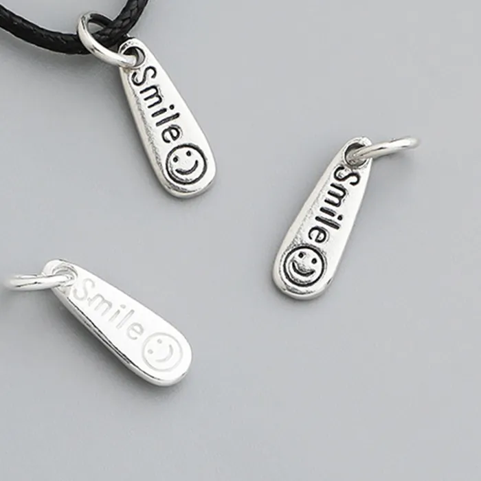 Authentic 1pc/Lot 925 Sterling Silver Happy Face Smile Oval Tag Charms 13.3x4.5mm diy Women/Men Bracelets Necklace Puncture Silver Pendant