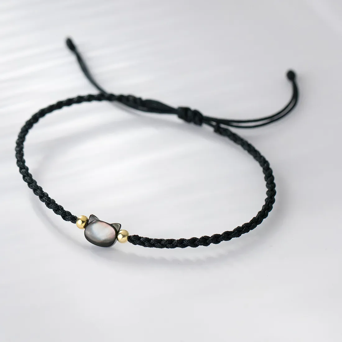 Authentic 1pc/Lot 925 Sterling Silver Beads With Obsidian Cat Charm Handwoven Bracelets 24cm Flexiable Black Rope Wrist/Ankle Jewelry