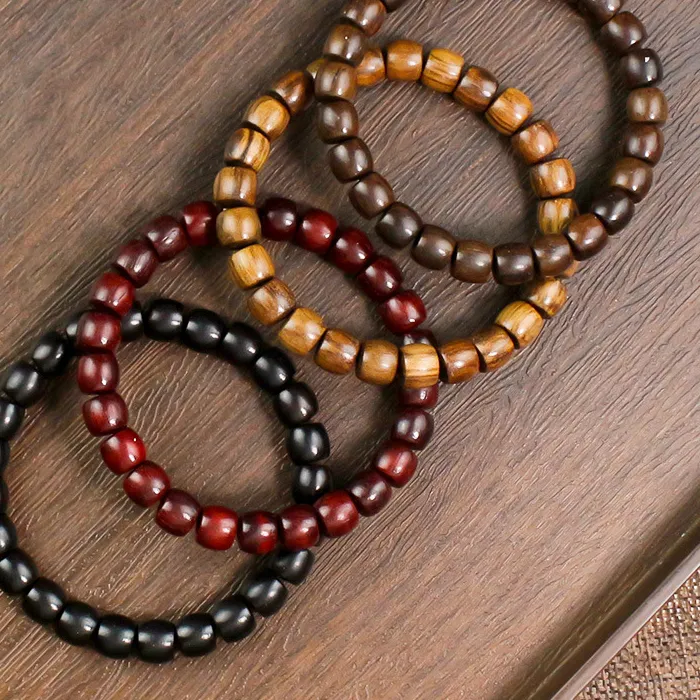 Authentic 1pc Natural Sandalwood Bucket Bracelets 7x8mm Women Men Elastic Stacked Wooden Bangles Wrap Hand Jewelry Adjustable Accessories