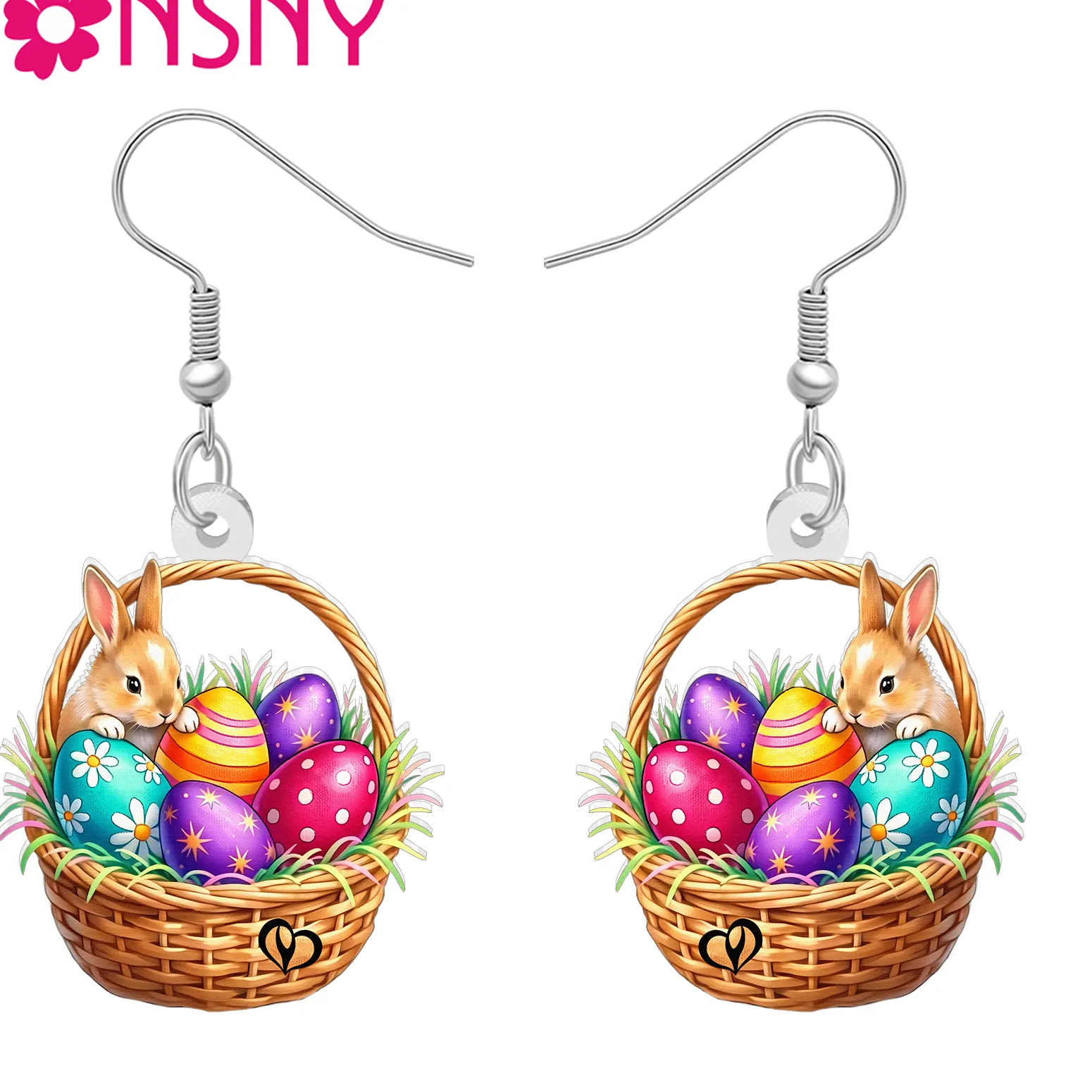 Authentic BONSNY Acrylic Easter Gifts Bunny Dangle Earrings Festival Colorful Eggs Basket Rabbit Animals Spring Jewelry For Women Charms