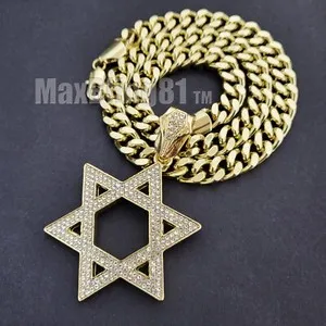 Authentic Iced Cubic Zirconia Gold Plated Star of David Charm & 10mm Cuban Chain Necklace