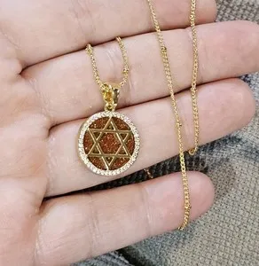 Authentic Orange Sandstone Magen David Star Pendant Necklace Gold-plated Gemstone CZ