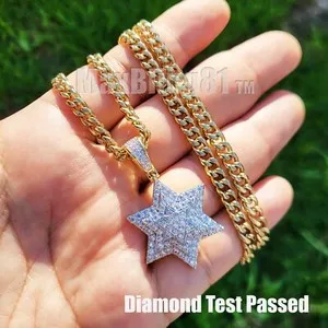 Authentic SIMULATED DIAMOND GOLD PLATED STAR OF DAVID 18" ~ 24" CUBAN CHAIN NECKLACE