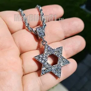 Authentic Iced Gold Plated Star of David Cubic Zirconia Pendant & 24" Rope Chain Necklace