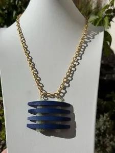 Authentic David Aubrey Gold Plated Cobalt Wood Slices Pendant Necklace Vaseline Crystals