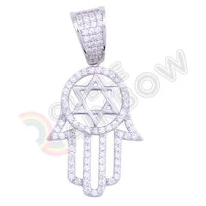 Authentic Men's 925 Sterling Silver 14K Gold Plated CZ Star of David Hamsa Hand Pendant#32