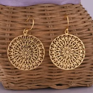 Authentic 18k Gold Plated Round Mandala Earring 925 Silver Dangle Filigree Earrings