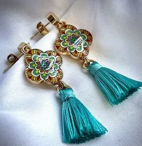 Authentic Boho Mandala Tassel Dangle 14k Yellow Gold Plated Post Earrings 2.5 inches long