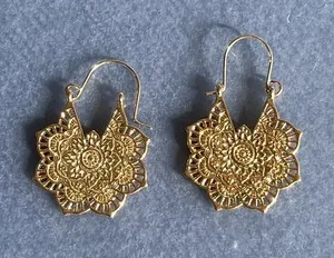 Authentic Boho Carved Flower Dangle Earrings Filigree Mandala Design Gold-Plated Hook