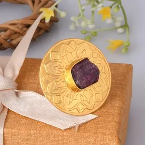 Authentic Handmade Raw Ruby Statement Ring in Gold Plated Lotus Mandala Round Boho Jewelry