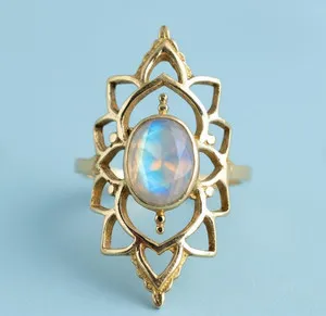 Authentic Boho Moonstone Ring 18K Gold Plated Lotus Mandala Statement Ring Size 5-10