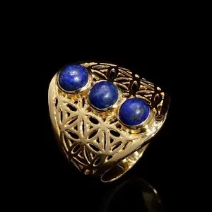 Authentic 925 Sterling Silver Lapis Lazuli Gemstone Mini Mandala Ring Gold Plated Jewelry