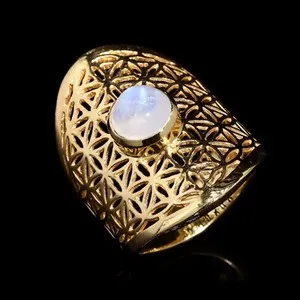 Authentic 925 Sterling Silver Rainbow Moonstone Mandala Ring Gold Plated Jewelry For Her