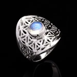Authentic 925 Sterling Silver Rainbow Moonstone Mini Mandala Ring Gold Plated Jewelry