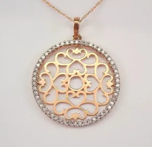Authentic Moissanite Circle Pendant Necklace MANDALA Design 18" Chain 14K Rose Gold Plated