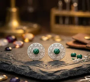 Authentic 925 Sterling Silver Malachite Gemstone Mandala Stud Earrings Handmade Jewelry
