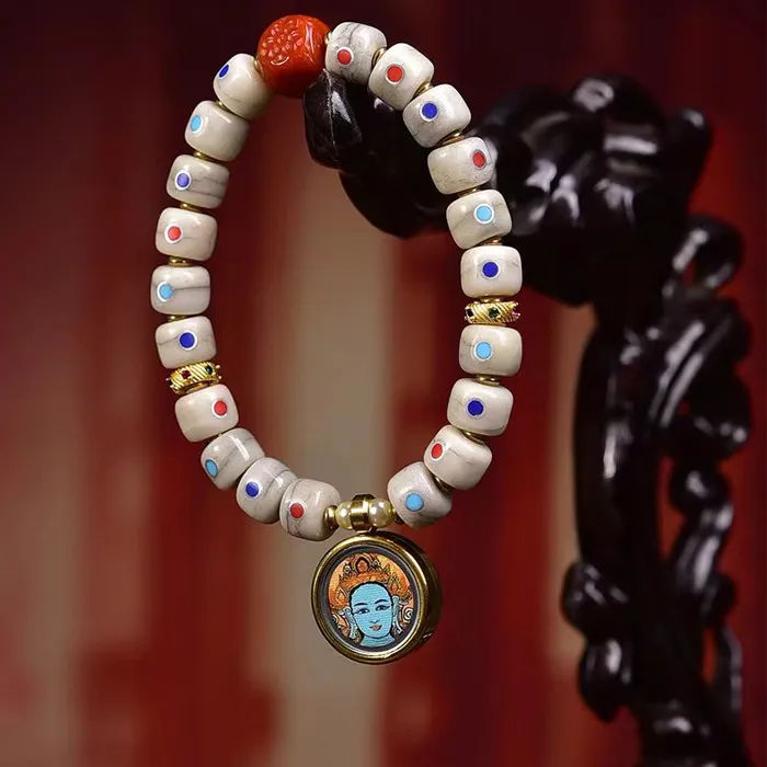 Authentic Backflow Bone Multi-Treasure Inlaid Bead Bracelet Single Circle Green Tara Small Thangka Gawu Box Pendant Cultural B