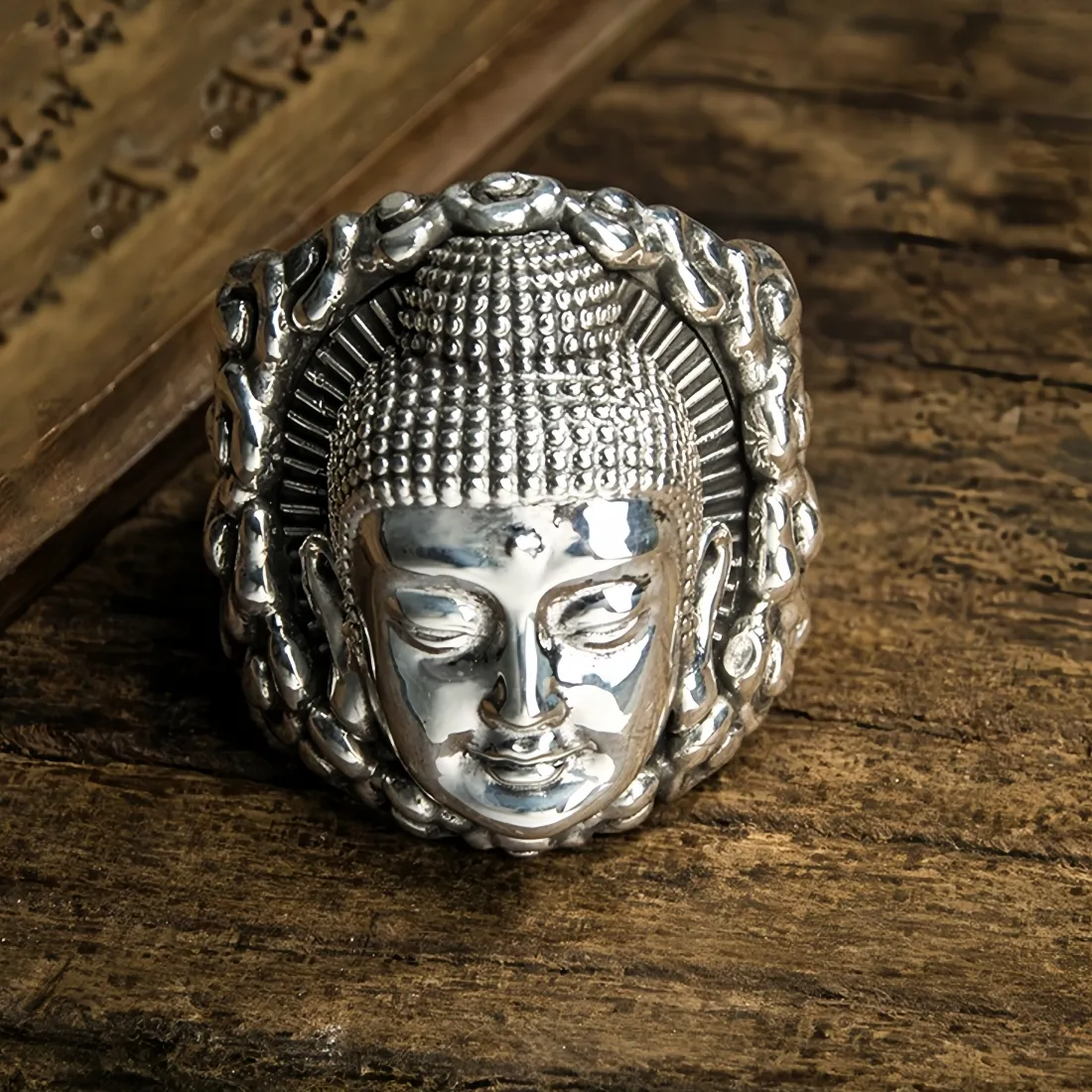 Authentic Retro Vairocana Buddha Large Open Ring For Men Silver-plated Punk Gothic Edgy Jewelry Buddhism Accessories Bless