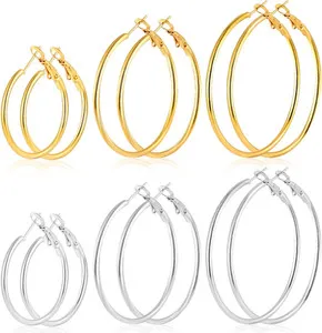 Authentic 4 Pairs 30/40/50/60 Mm Silver 14K Gold Plated Hoop Earrings for