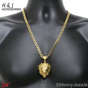 Authentic 18-40"MEN 7mm Gold Plated Cuban Curb Chain LION FACE Pendant*G50