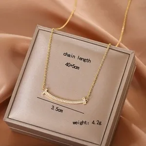 Authentic Yellow Gold Plated Pavé CZ Bar Pendant Cable Chain Necklace 40-50 cm