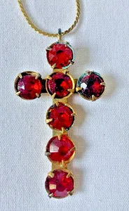 Authentic Vintage Gold Plated Ruby Red Glass Cross Pendant on 24" Chain-Circa 40's-50's