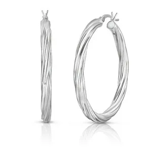 Authentic 925 Sterling Silver 14K White Gold Plated Twisted Hoop Earrings, 20mm-50mm