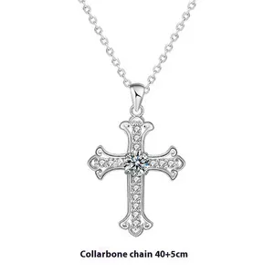 Authentic Moissanite ORNATE CROSS Necklace S925 Silver Pavé Gold Plated Bridal 0.5/1ct