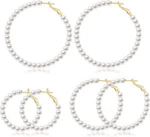 Authentic Pearl Hoop Earrings for Women - 3 Pairs 14K Gold Plated & Sterling Silver Post B