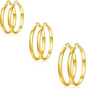 Authentic 3 Pairs Thin Silver Gold Hoop Earrings for Women | 14K Gold Plated Large round H