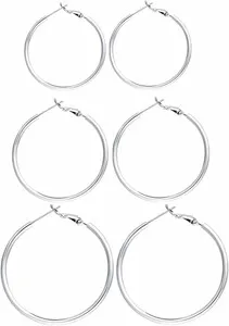 Authentic 3 Pairs Sterling Silver Hoop Earrings, 14K White Gold Plated Big Hoop Earrings S