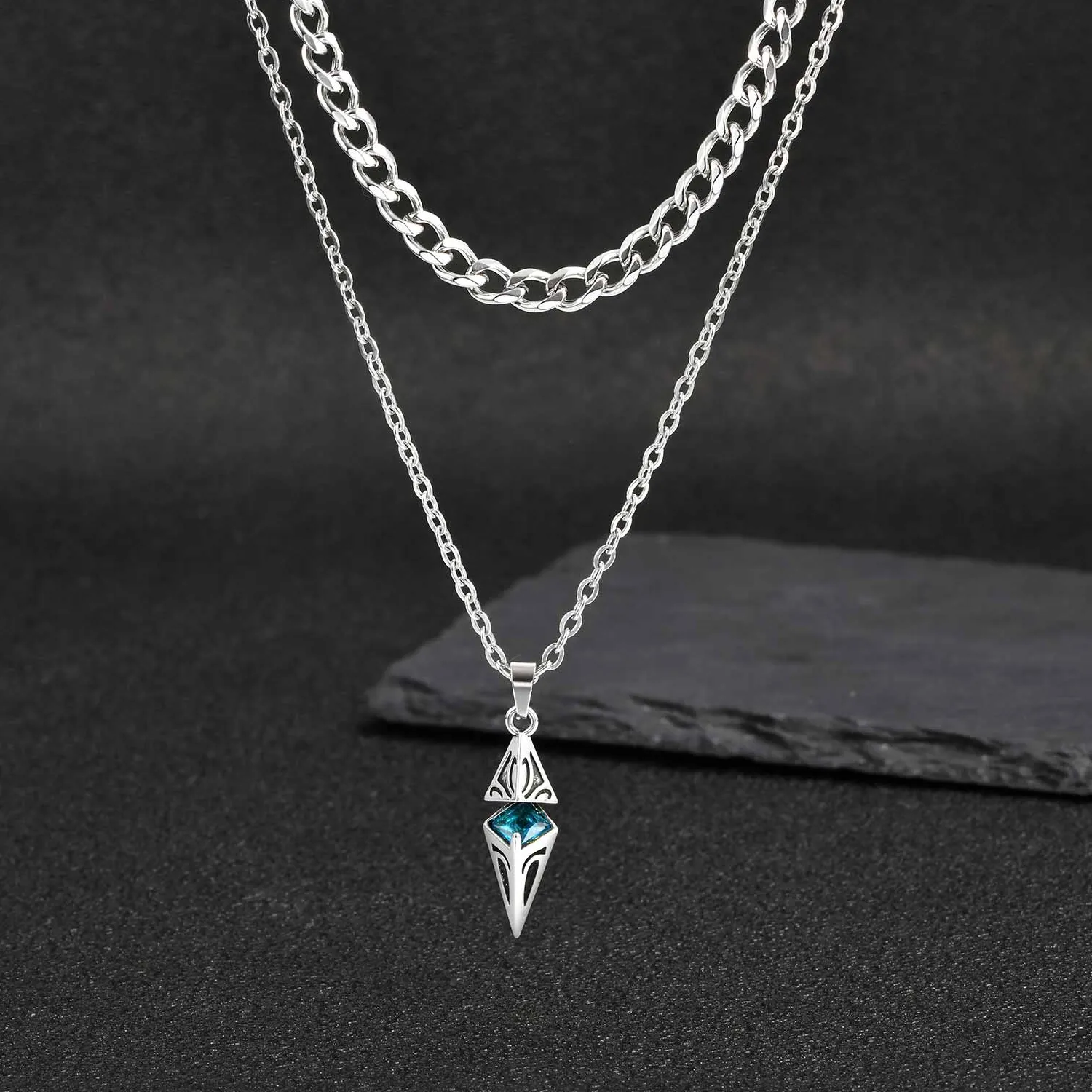 Authentic Blue Stone Geometry Layering Necklaces for Men Women,Hip Hop Chain Neacklace,Valentine's Birthday Party