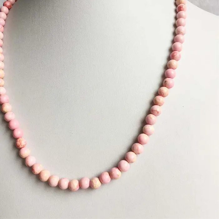 Authentic 6/8/10MM Round Pink Sea Sediment Turquoise Necklace Natural Stone Chocker Beaded Mother Daughter 35/40/45/50/55cm