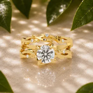 Authentic 1.05 CTW Round Lab Diamond Ring Nature Inspired Matching Band 925 Silver DEF VVS
