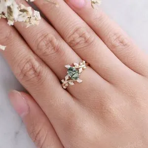 Authentic Nature Inspired Oval Moss Agate Engagement Ring 14K Yellow Gold Plated Twig Ring