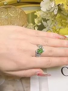 Authentic 3ct Lab Grown Green Tourmaline Leaf Ring, 18K Gold Plated Nature-Inspired All sz