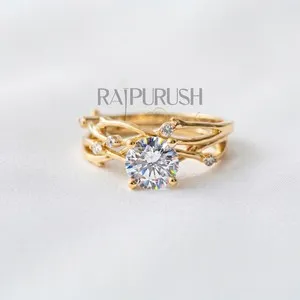 Authentic Round Moissanite Engagement Ring Set Nature-Inspired Vine Band Sterling Silver