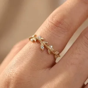 Authentic Nature Inspired Leaf Band Natural Moissanite Rings Gold Plated 925 Silver Ring