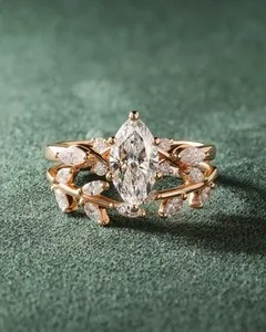 Authentic Nature Inspired Marquise Cut Wedding Ring Set in Rose Gold Plated Ring For Her