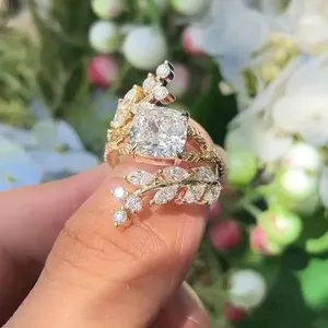 Authentic 1.50 Ct Cushion Moissanite Nature Leaf Boho Wedding Ring 14k Yellow Gold Plated