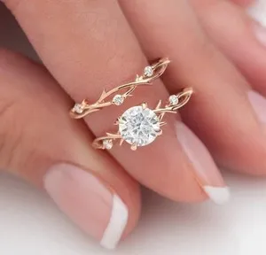 Authentic Round Cut Nature Inspired Moissanite Wedding Ring Set Rose Gold Plated Ring Her