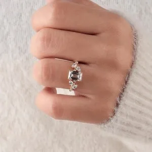 Authentic Nature Inspired Emerald Cut Engagement Ring Gold Plated Moissanite Promise Ring